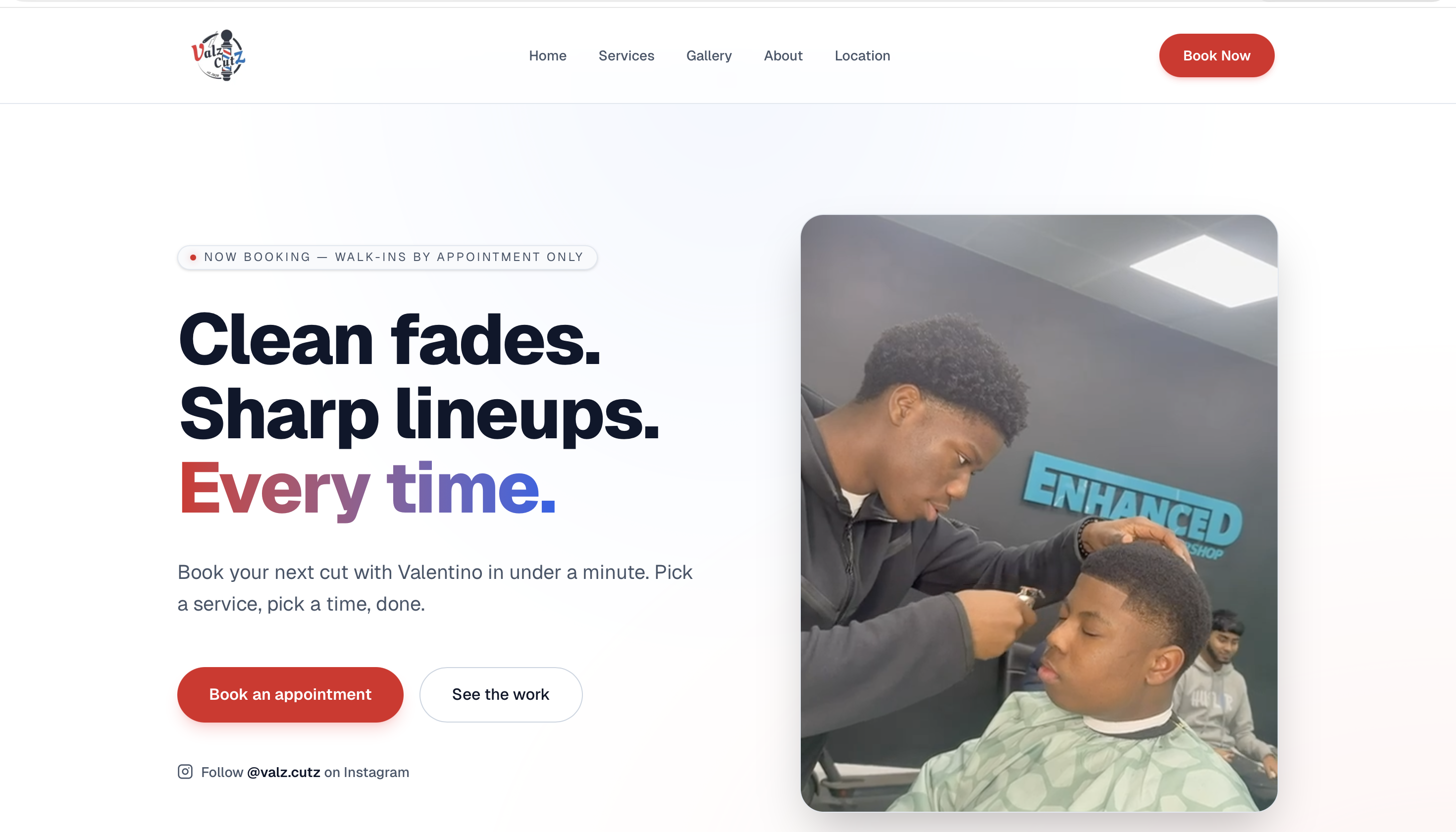 Screenshot of the ValzCutz homepage